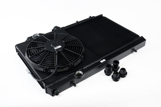 CSF 7075B Radiator with 12in Fan & Shroud/-16AN - Black for 2001-2007 Mitsubishi Evo 7