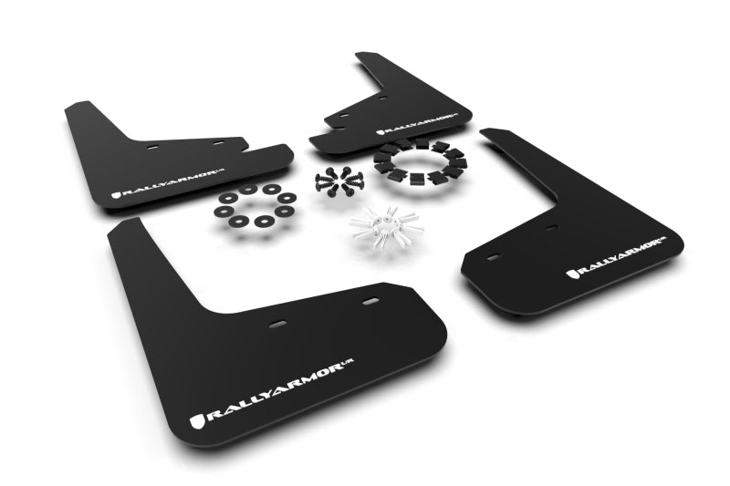 Rally Armor UR Mud Flaps - 2020-2026 Tesla Y - Black/White Logo - #MF72-UR-BLK/WH