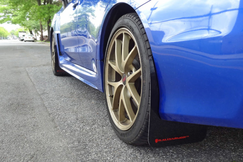 Rally Armor UR Mud Flaps - 2015-2021 Subaru WRX / WRX STI - Blue/White Logo - #MF32-UR-BL/WH