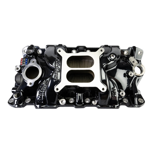 Edelbrock 2703-BP Chevrolet Small Block Performer EPS Manifold with Oil Fill Tube - Black Plasma