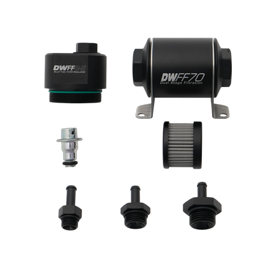 DeatschWerks DWFFR-X 70mm Billet Fuel Filter Regulator - 10 Micron with 5/16in Fittings