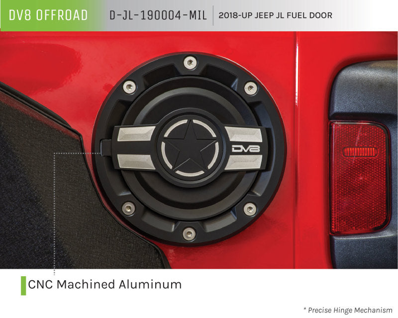 DV8 Offroad 2018+ Jeep JL Aluminum Fuel Door for 20-Pres Wrangler - #D-JL-190004-MIL