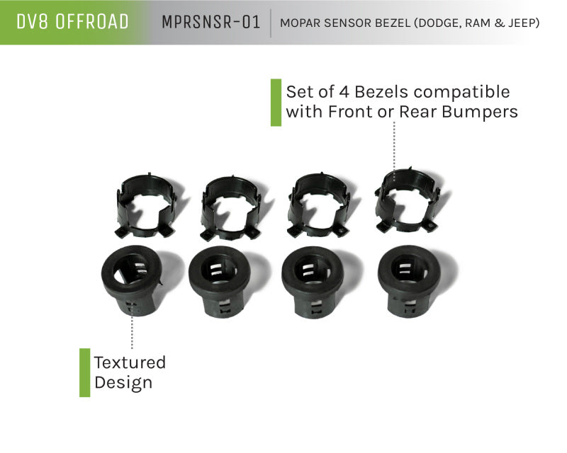 DV8 Offroad Jeep/Dodge/RAM Front Bezel & Rear Clip Replacement Kit for MOPAR Sensors - Set of 4 - #MPRSNSR-01