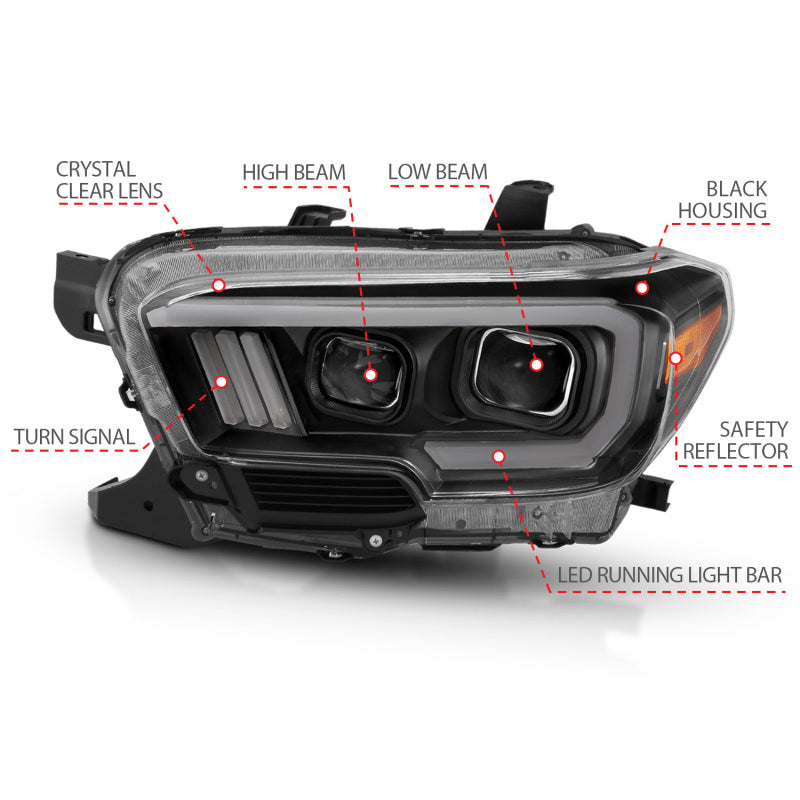 ANZO 2016-2023 Toyota Tacoma LED Projector Headlights - Black (For Halogen Version w/ DRL)