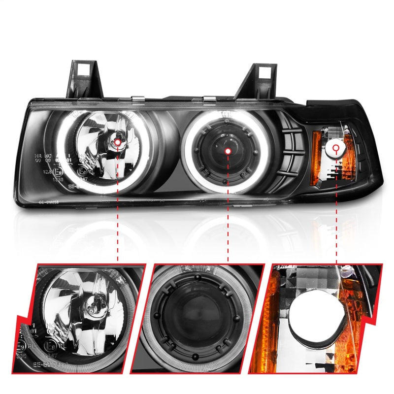 ANZO 1992-1998 BMW 3 Series E36 Projector Headlights w/ Halo Black G2 1 pc