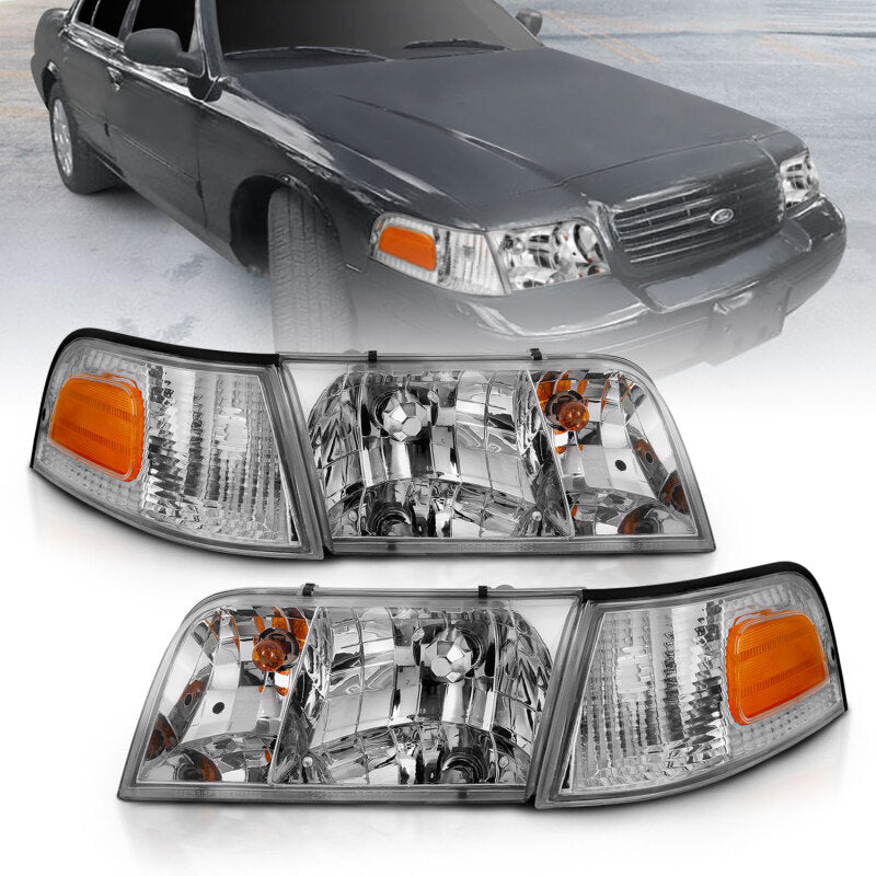 ANZO 1998-2011 Ford Crown Victoria Crystal Headlight Chrome With Bumper Light (OE)