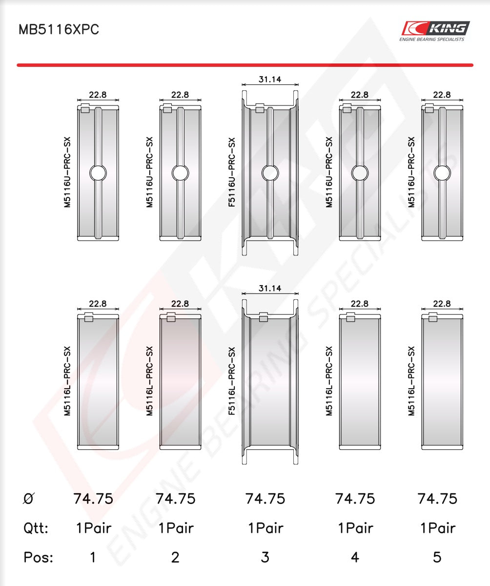 King Chrysler 426CI, 440CI V8 OHV Main Bearing Set MB5116XPC 001 - Fits Dodge, Plymouth, Chrysler
