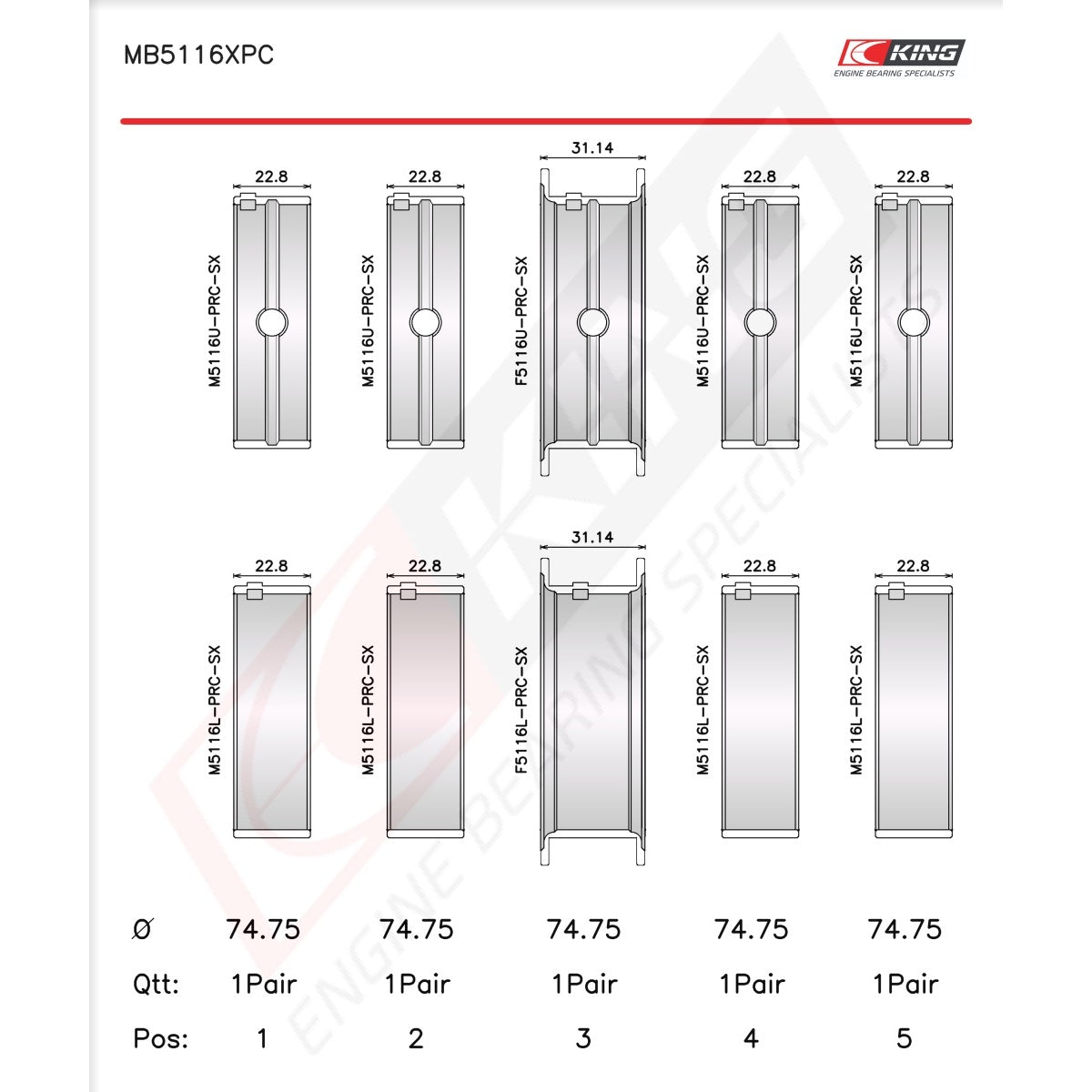 King Chrysler 426CI, 440CI V8 OHV Main Bearing Set MB5116XPC 001 - Fits Dodge, Plymouth, Chrysler