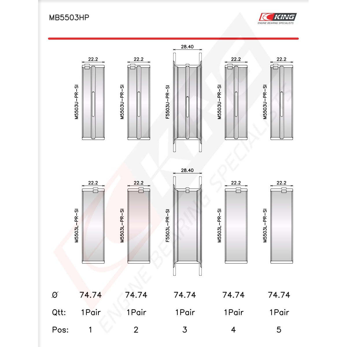 King Ford V8 351CI 5.8L 16V Racing Bi-metal Main Bearing Set MB5503HP STDX - Fits Ford, Mercury, DeTomaso